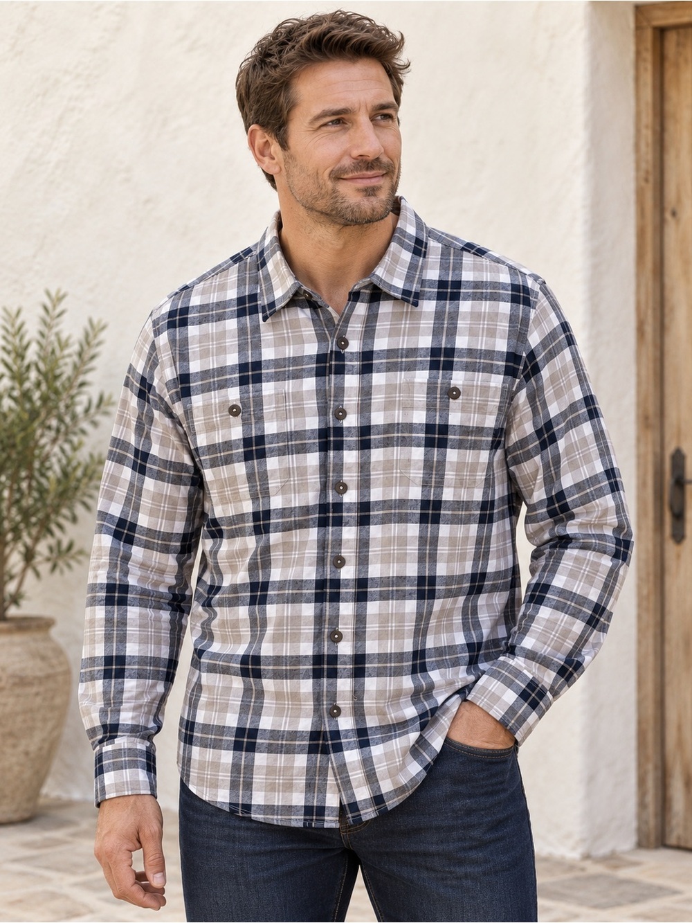 Wrangler Premium Quality Men’s XL Navy Gray Plaid Cotton Button Down Shirt
